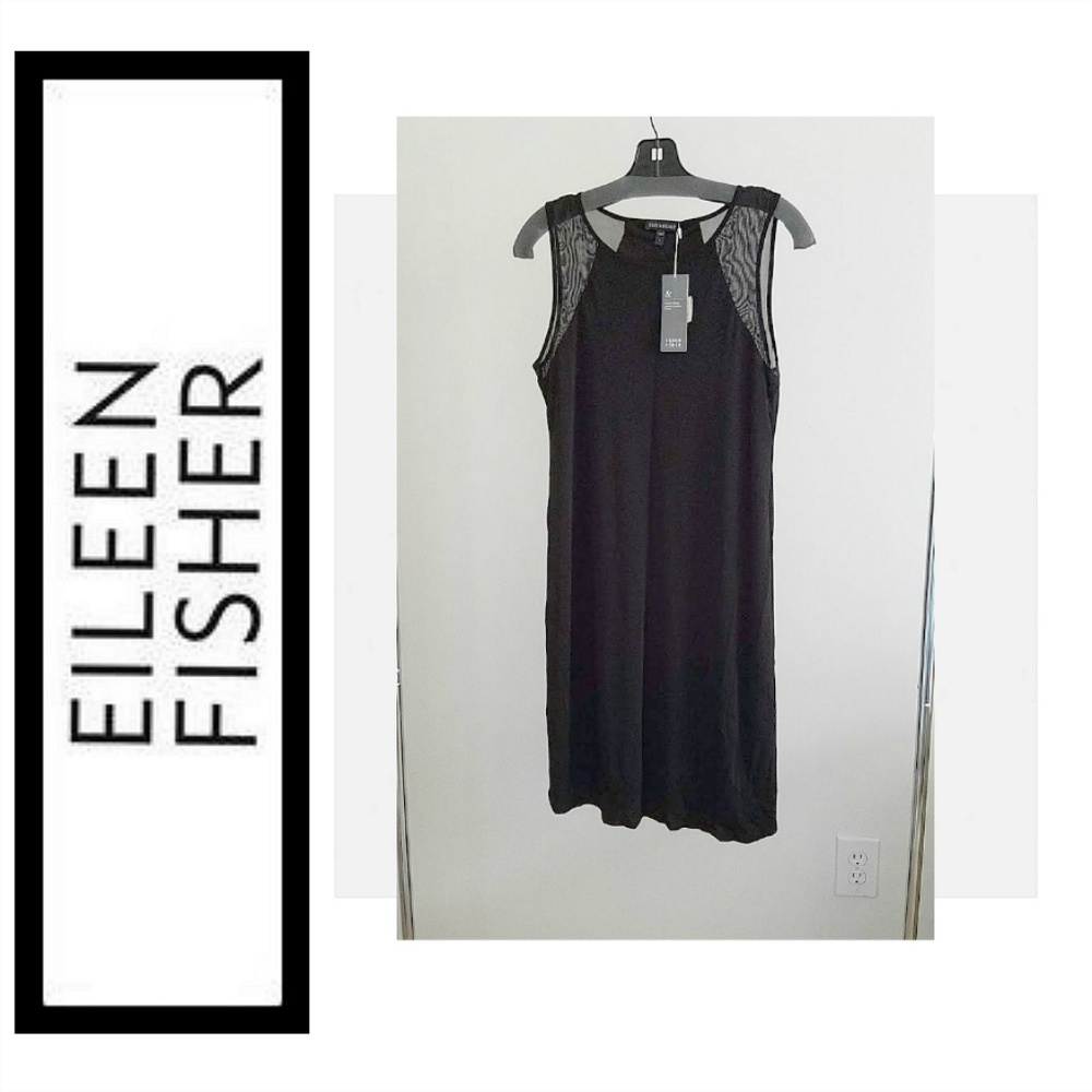 BNWT $378 Eileen Fisher Dress Silk Jersey Sheer Mesh Shoulder SMALL NWT